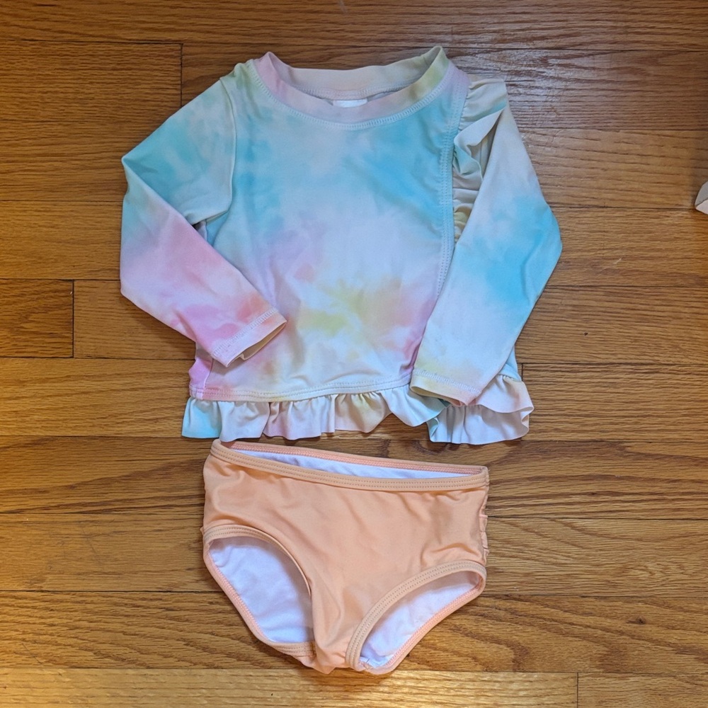 Ruffle Butts Pastel Tie-Dye Long Sleeve Kids Rash Guard Swim Set
